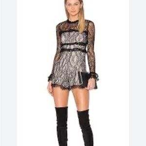 Alexis Elise Lace Romper Black Sheer Long Sleeve Ruffle Trim Back Zip Sz S